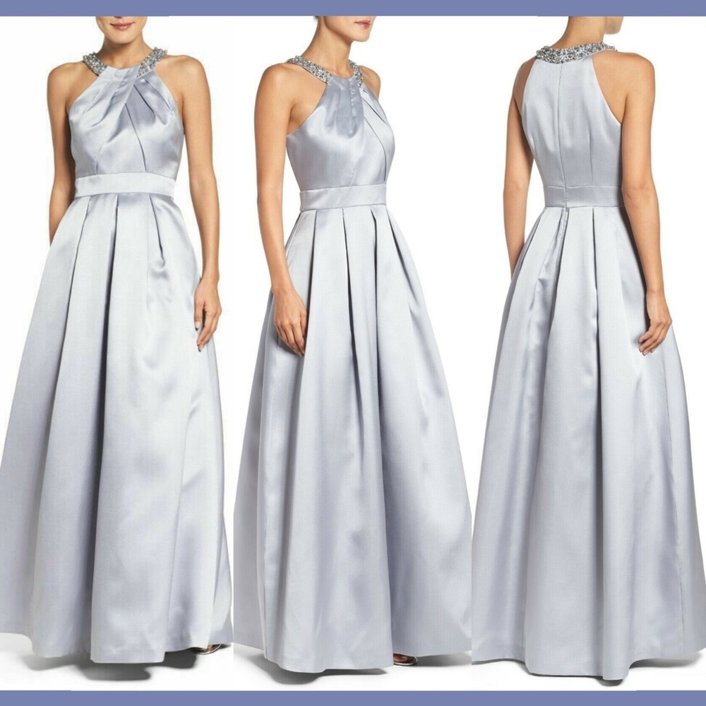 NWT Eliza J Beaded Bejeweled Pleated Ball Gown in Grey/Silver [SZ 2 ]‎